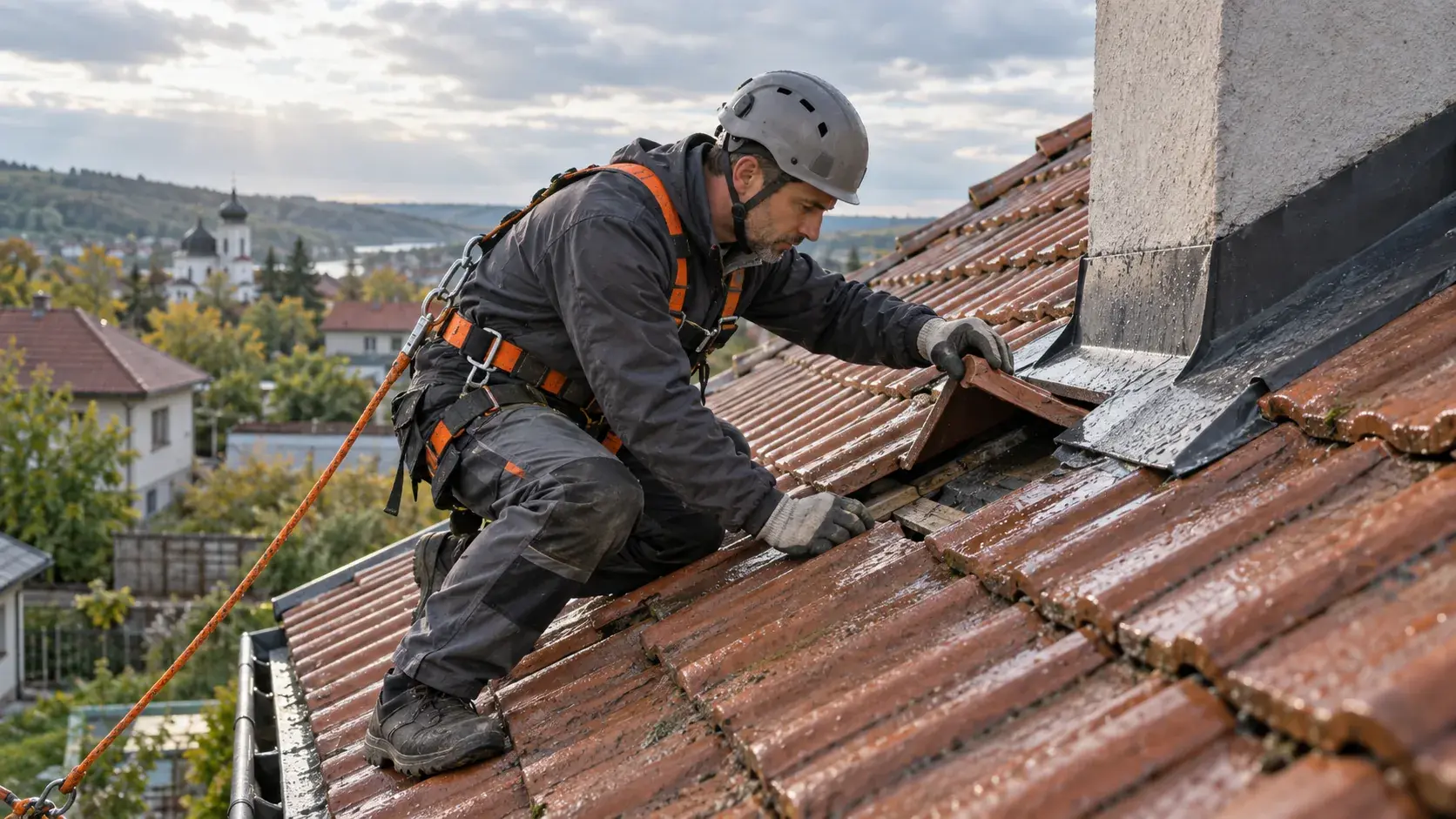 Acoperișar asigurat care inspectează țiglele și racordul unui coș după ploaie