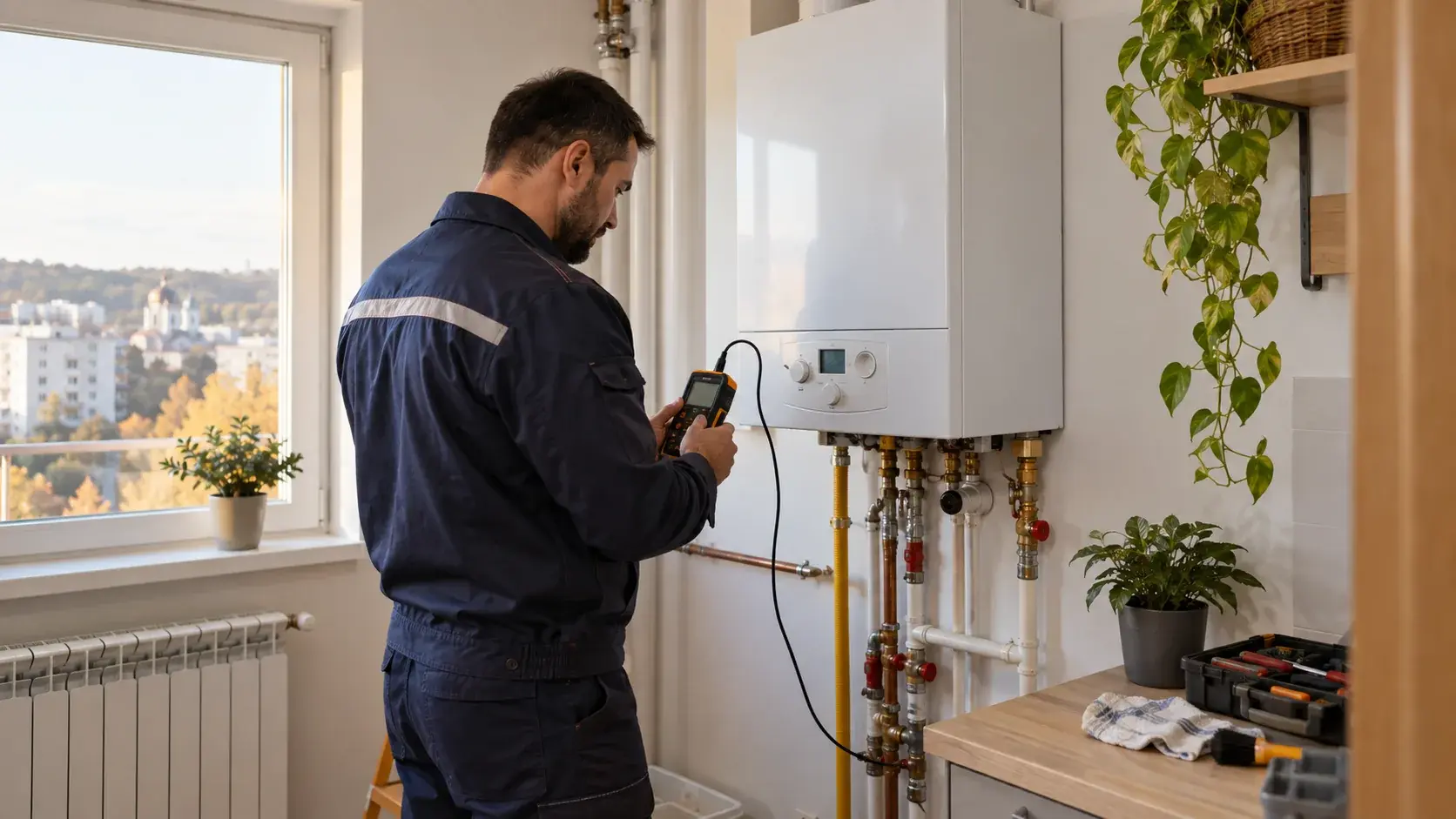 Tehnician care verifică profesional o centrală termică murală într-un apartament
