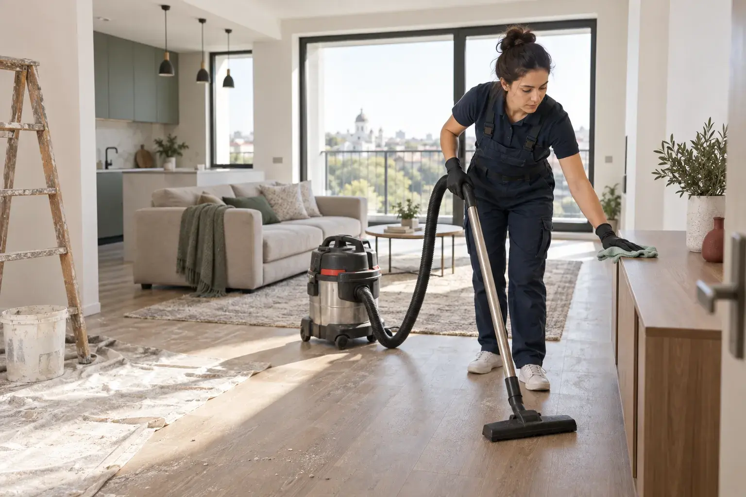 Cleaning professional vacuuming construction dust after an apartment renovation