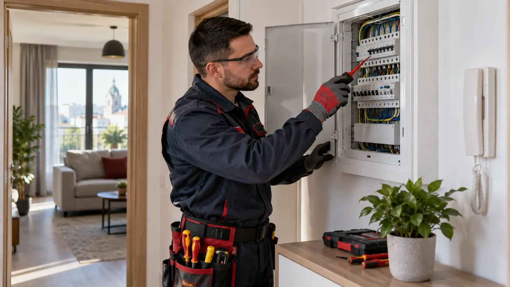An electrician safely inspecting a domestic electrical panel