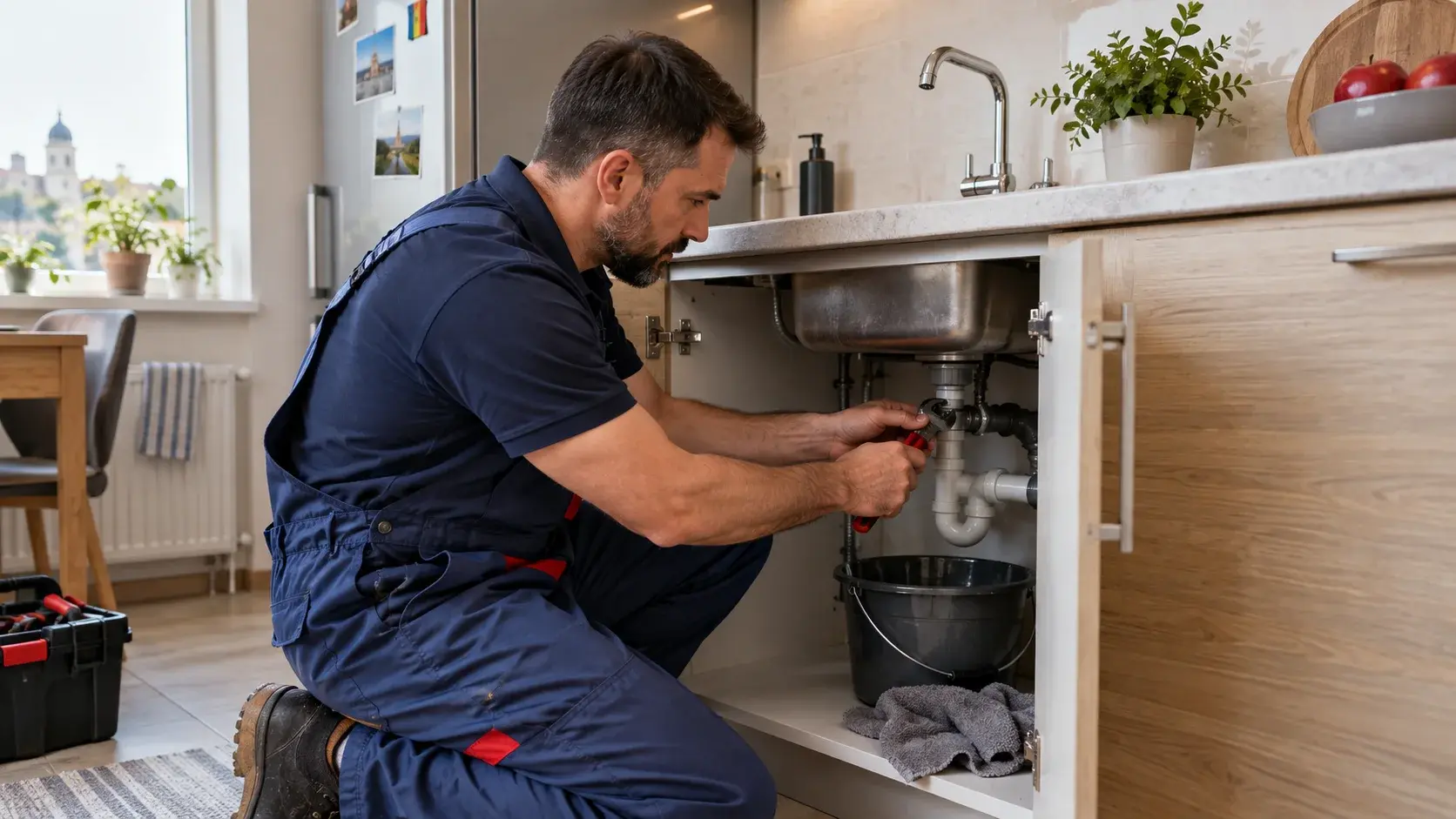 A plumber repairing a leaking domestic pipe