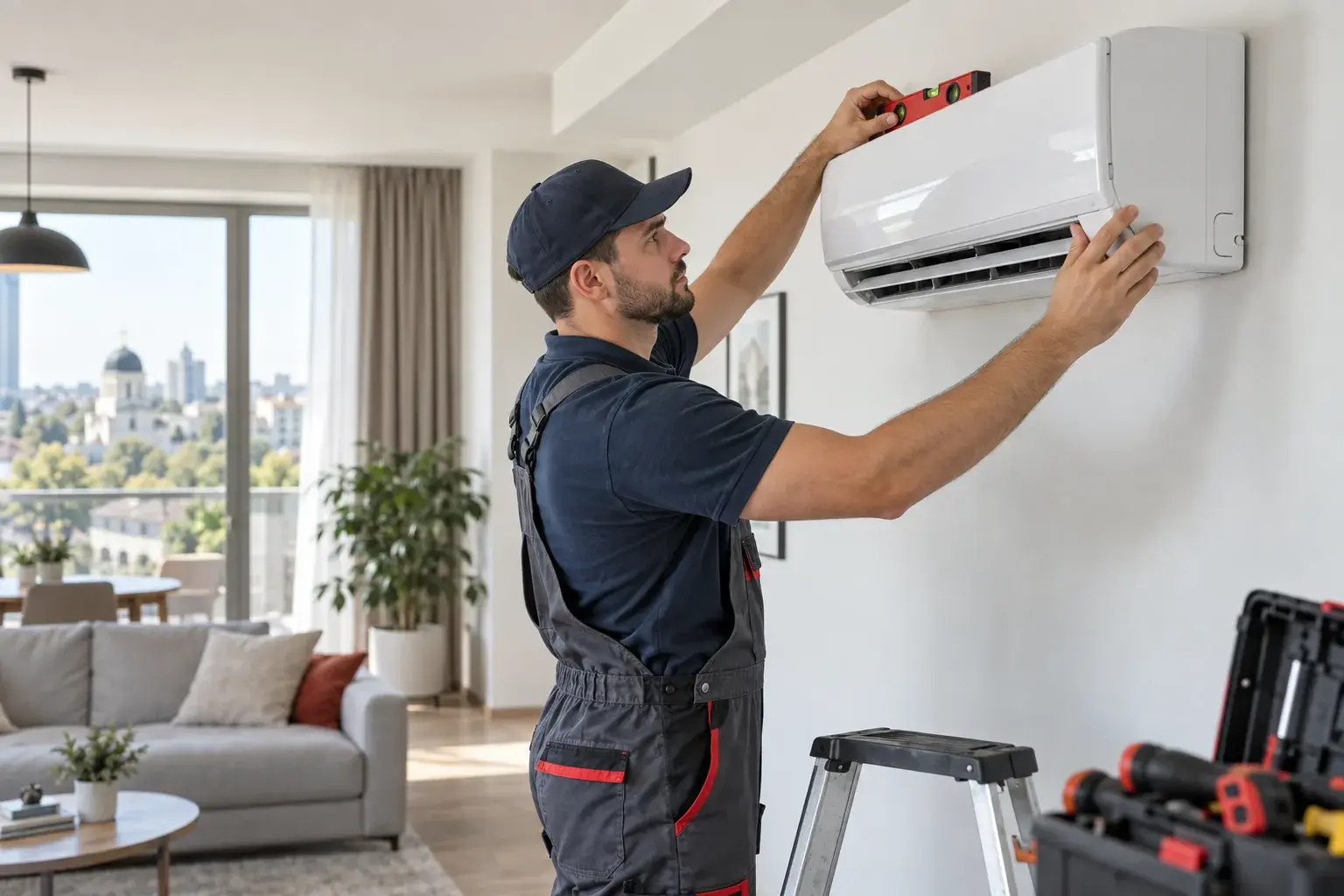 Technician checking the level of a wall-mounted air conditioner in an apartment