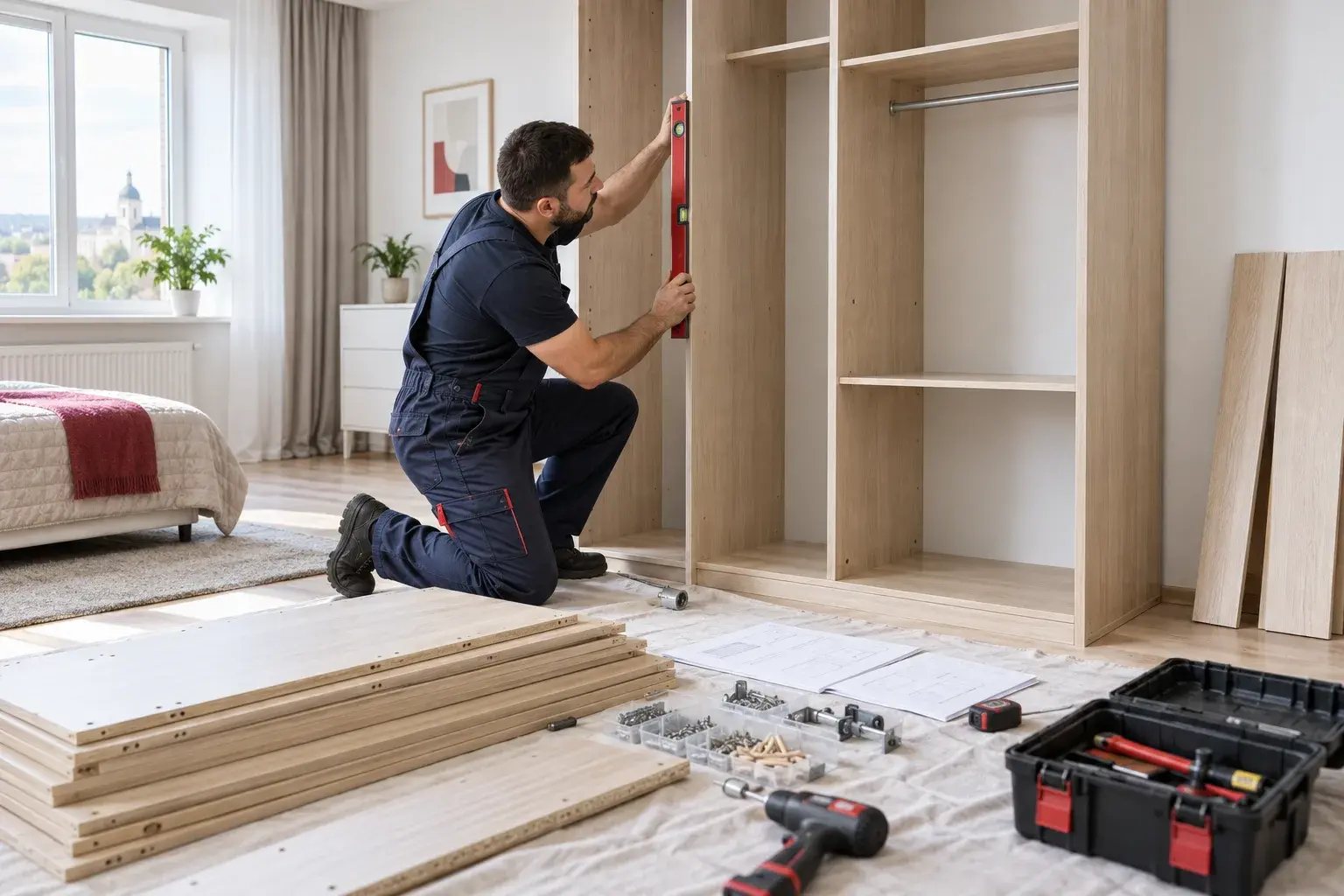 Professional checking a wardrobe with a level during assembly