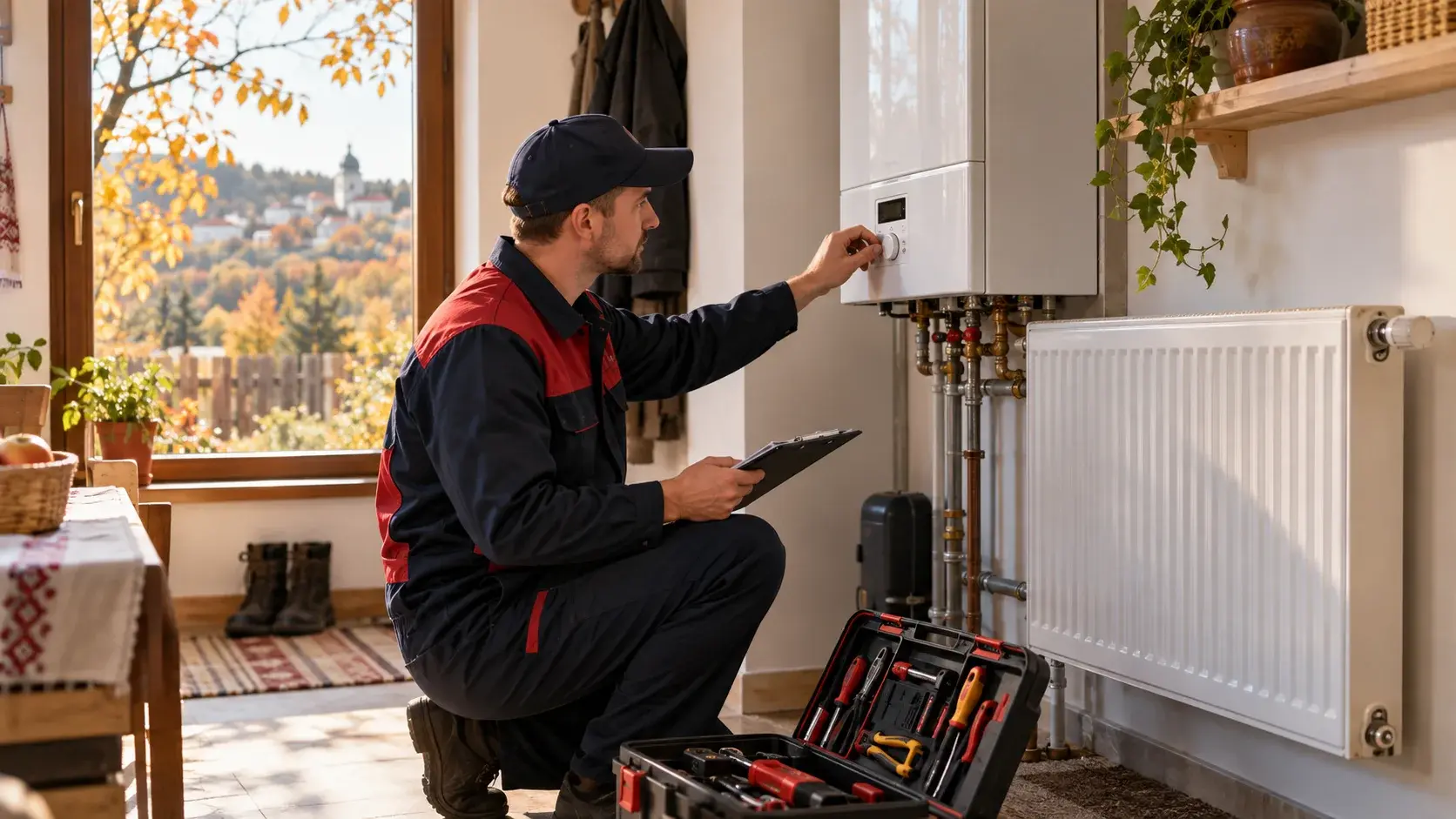 A homeowner and technician checking a heating system before winter